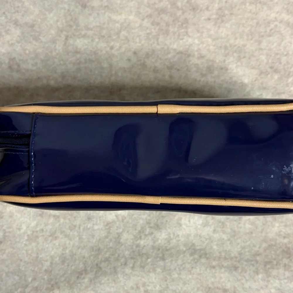 Estée Lauder Make Up Travel Bag Navy Blue Tan Rim‎ Zipper Mirror 10x5x2.5”